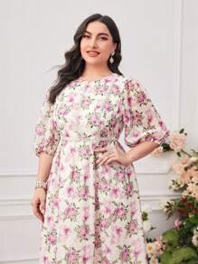Modelyn Plus Floral Print Puff Sleeve Dress - Multicolor - View 5