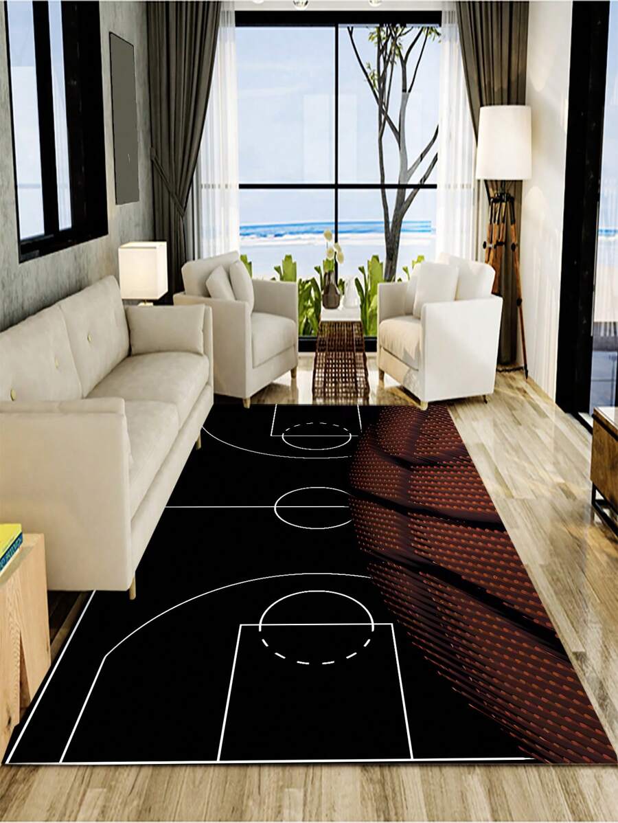 1pc Basketball Court Pattern Rug, Modern Polyester Floor Mat For Living Room And Bedroom - Black - View 1