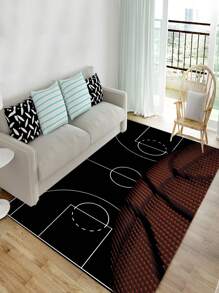1pc Basketball Court Pattern Rug, Modern Polyester Floor Mat For Living Room And Bedroom - Black - View 2