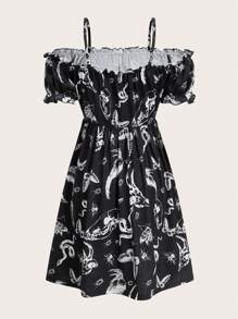 ROMWE Goth Allover Print Cold Shoulder Dress - Black and White - View 2