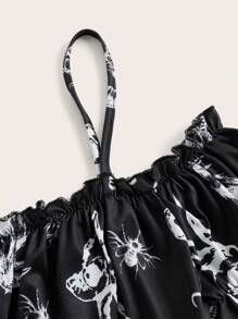 ROMWE Goth Allover Print Cold Shoulder Dress - Black and White - View 4