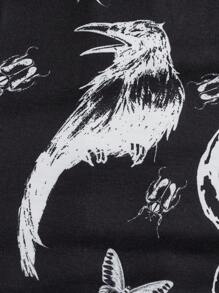 ROMWE Goth Allover Print Cold Shoulder Dress - Black and White - View 3