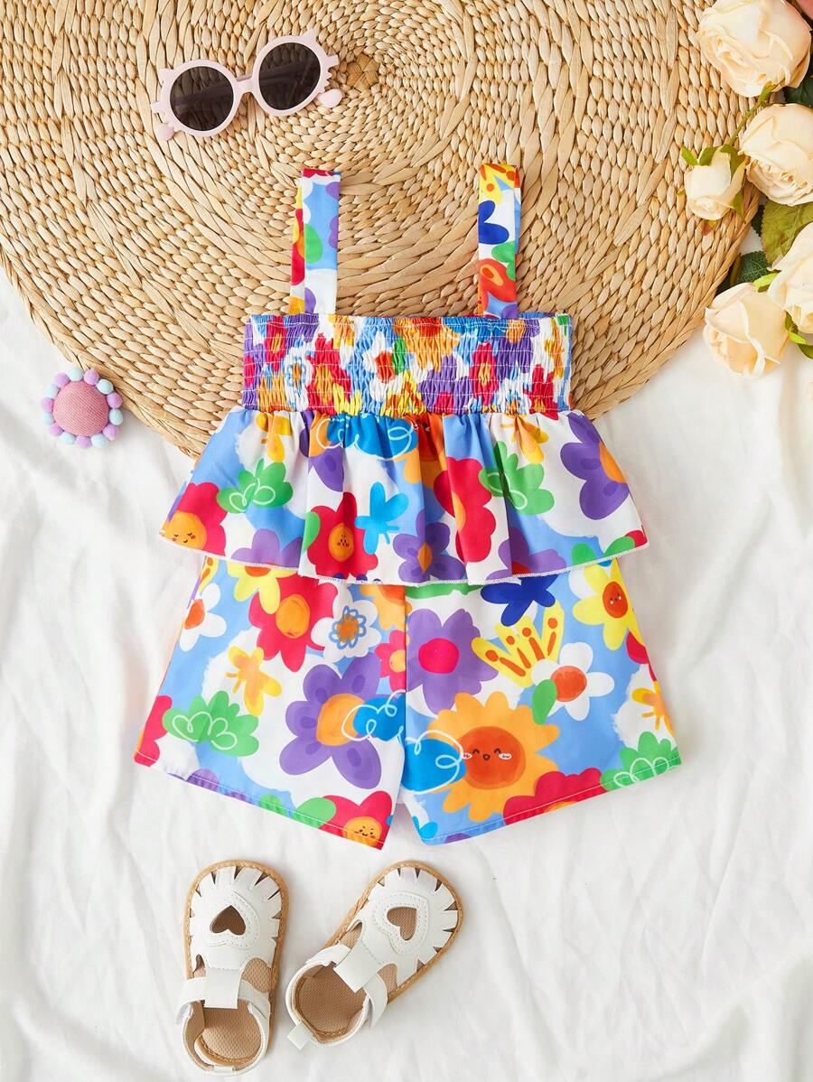 SHEIN Rompers Em bé Xù Dải chun Hoa Tất cả trên in - Nhiều màu - Xem 1