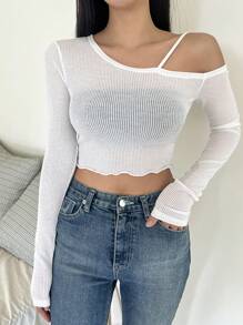 DAZY 纯色不对称领口短款 T 恤长袖上衣 - 白色 - 查看 6