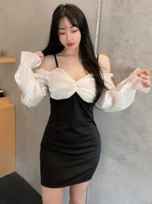 DAZY 雙色前扭結荷葉袖連衣裙 - 黑與白 - 查看 4