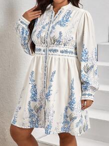 SHEIN VCAY Plus Floral Print Button Front Notched Neckline Lantern Sleeve Dress