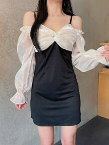 DAZY 雙色前扭結荷葉袖連衣裙 - 黑與白 - 查看 8