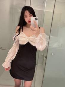 DAZY 雙色前扭結荷葉袖連衣裙 - 黑與白 - 查看 9