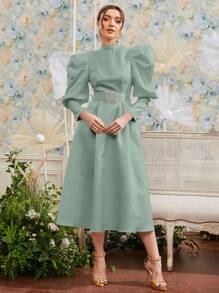 Modelyn Mock Neck Gigot Sleeve Belted Dress Long Evening Dresses - Mint Green - View 1