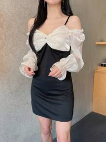 DAZY 雙色前扭結荷葉袖連衣裙 - 黑與白 - 查看 10