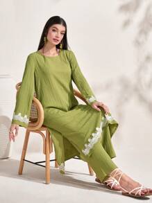 Al Najma Appliques Split Hem Top & Trousers - Green - View 1