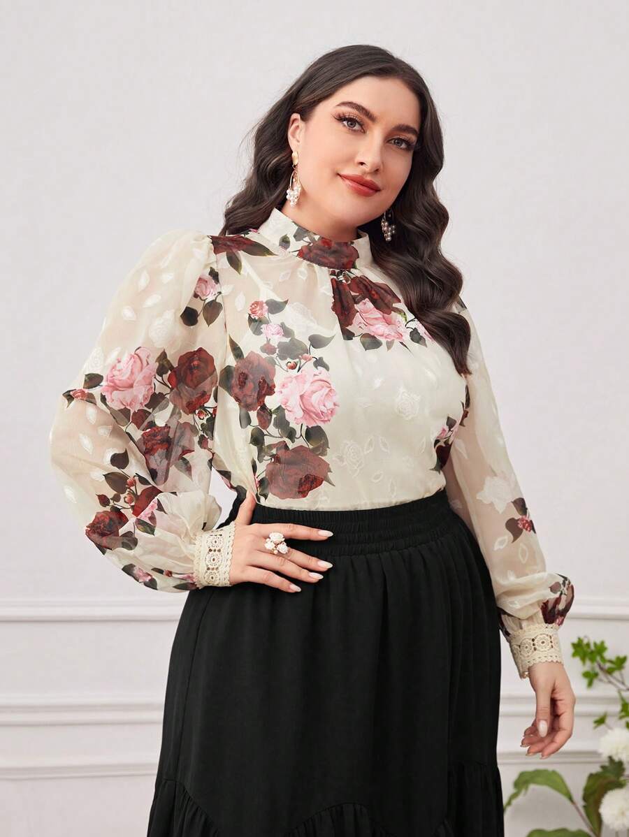 Modelyn 大碼印花小高領燈籠袖襯衫 - 彩色 - 查看 1