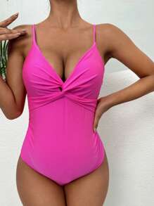 SHEIN Maternity Twist Front One Piece Swimsuit, Maternity Bathing Suit - Hot Pink - View 3