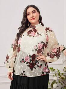 Modelyn 大碼印花小高領燈籠袖襯衫 - 彩色 - 查看 3