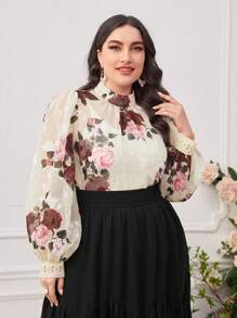 Modelyn 大碼印花小高領燈籠袖襯衫 - 彩色 - 查看 4