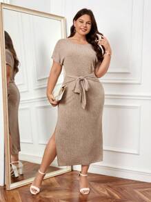 SHEIN Clasi Vestido con cordón delantero de muslo con abertura - Caqui - Ver 1