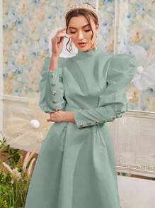 Modelyn Mock Neck Gigot Sleeve Belted Dress Long Evening Dresses - Mint Green - View 3