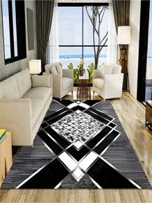 1pc Geometric Pattern Rug, Modern Polyester Floor Mat For Living Room And Bedroom - Black and White - View 1