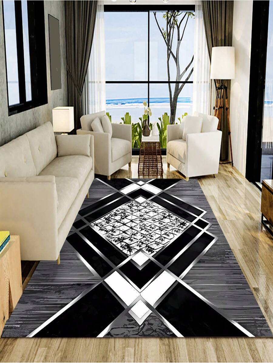1pc Geometric Pattern Rug, Modern Polyester Floor Mat For Living Room And Bedroom - Black and White - View 1