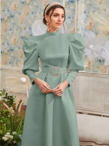Modelyn Mock Neck Gigot Sleeve Belted Dress Long Evening Dresses - Mint Green - View 4