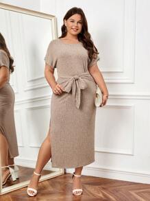 SHEIN Clasi Vestido con cordón delantero de muslo con abertura - Caqui - Ver 5