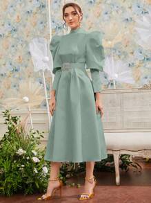 Modelyn Mock Neck Gigot Sleeve Belted Dress Long Evening Dresses - Mint Green - View 5