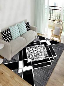 1pc Geometric Pattern Rug, Modern Polyester Floor Mat For Living Room And Bedroom - Black and White - View 2