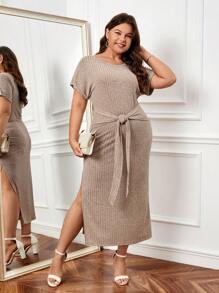 SHEIN Clasi Vestido con cordón delantero de muslo con abertura - Caqui - Ver 6