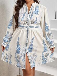 SHEIN VCAY Plus Floral Print Button Front Notched Neckline Lantern Sleeve Dress