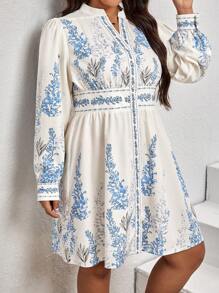 SHEIN VCAY Plus Floral Print Button Front Notched Neckline Lantern Sleeve Dress