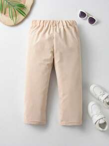 SHEIN Boy Casual Relaxed Solid Color Pants With Button Decoration And Slant Pockets, Elastic Waist Design Suitable For Daily Wear, Travel, Party, Holiday, Fashion Versatile - Khaki - View 2