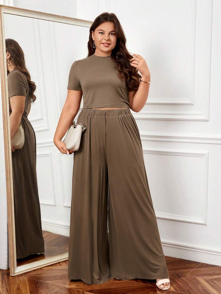 SHEIN Clasi Plus Solid Crop Tee & Wide Leg Pants - Mocha Brown - View 1