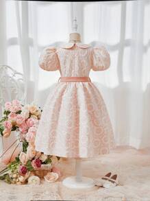 SHEIN 女童泡泡短袖紋理織物A字洋裝配彼得潘領