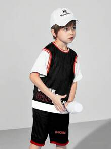 Boys Letter Graphic Striped Trim 2 In 1 Mesh Insert Tee & Shorts - Black - View 1