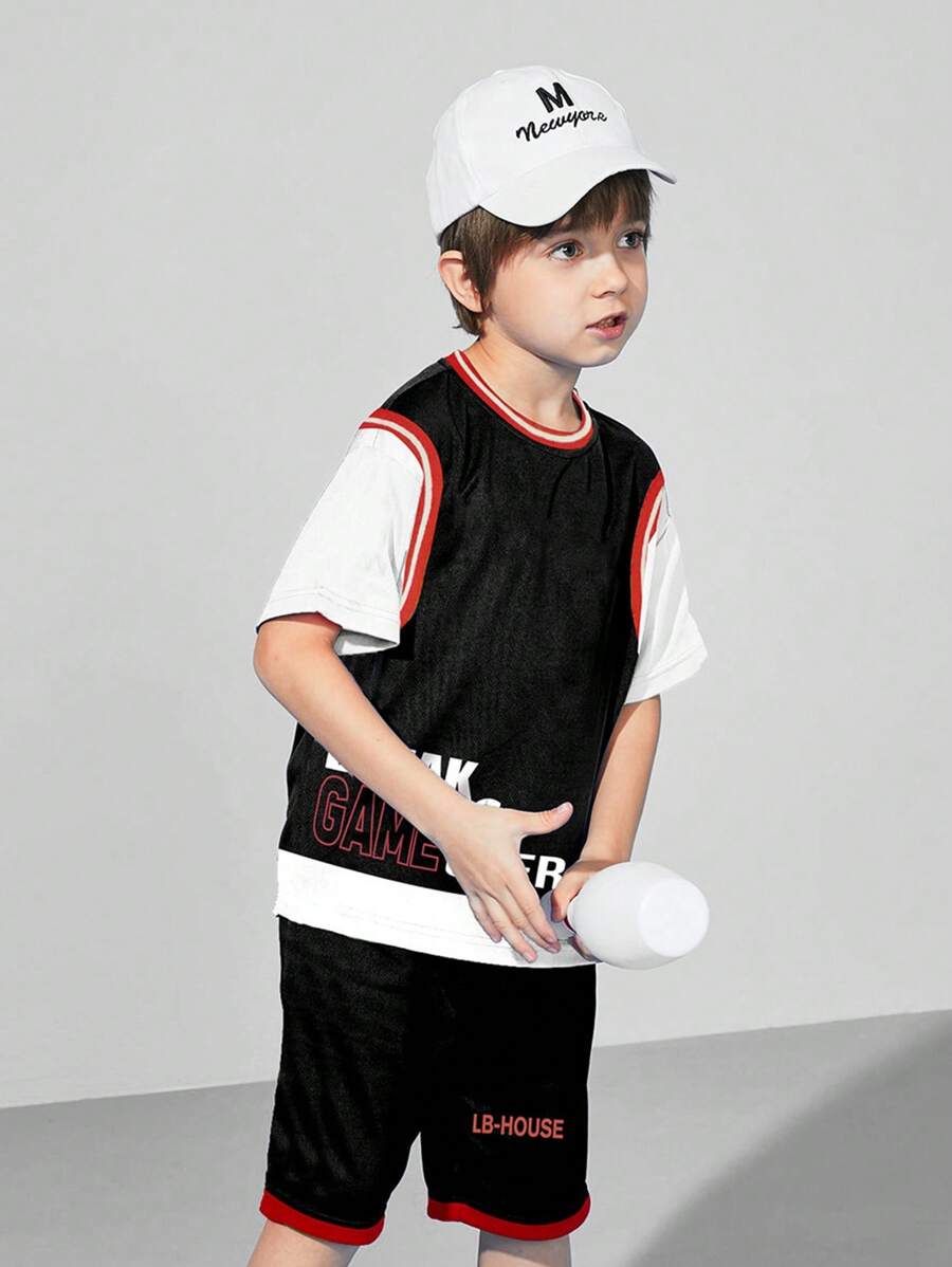Boys Letter Graphic Striped Trim 2 In 1 Mesh Insert Tee & Shorts - Black - View 1