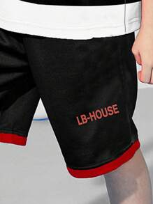 Boys Letter Graphic Striped Trim 2 In 1 Mesh Insert Tee & Shorts - Black - View 3