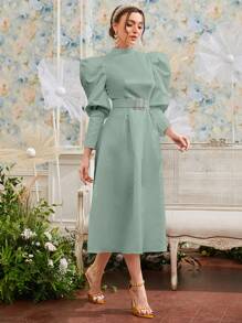 Modelyn Mock Neck Gigot Sleeve Belted Dress Long Evening Dresses - Mint Green - View 6