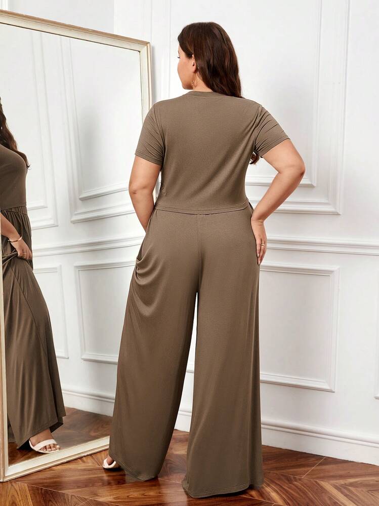 SHEIN Clasi Plus Solid Crop Tee & Wide Leg Pants - Mocha Brown - View 2