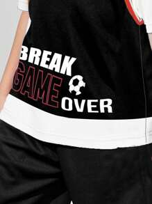 Boys Letter Graphic Striped Trim 2 In 1 Mesh Insert Tee & Shorts - Black - View 4