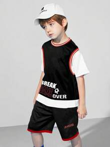 Boys Letter Graphic Striped Trim 2 In 1 Mesh Insert Tee & Shorts - Black - View 5