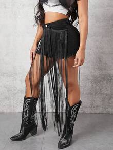 長款流蘇牛仔短褲 - 黑色 - 查看 4