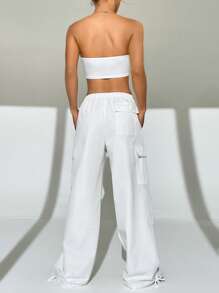 SHEIN EZwear Solid Tube Top & Flap Pocket Drawstring Waist Cargo Trousers - White - View 2