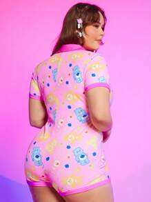 SHEIN X Care Bears Plus Bear & Letter Graphic Button Front Unitard Romper - Multicolor - View 2