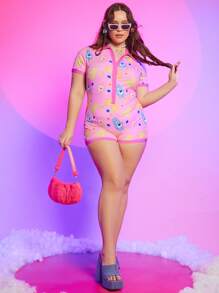 SHEIN X Care Bears Plus Bear & Letter Graphic Button Front Unitard Romper - Multicolor - View 3