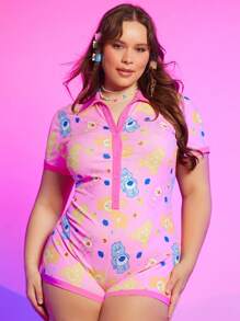 SHEIN X Care Bears Plus Bear & Letter Graphic Button Front Unitard Romper - Multicolor - View 4
