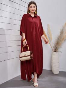 Seusyu Burgundy Red Batwing Sleeve Split Hem Kaftan - Burgundy - View 2