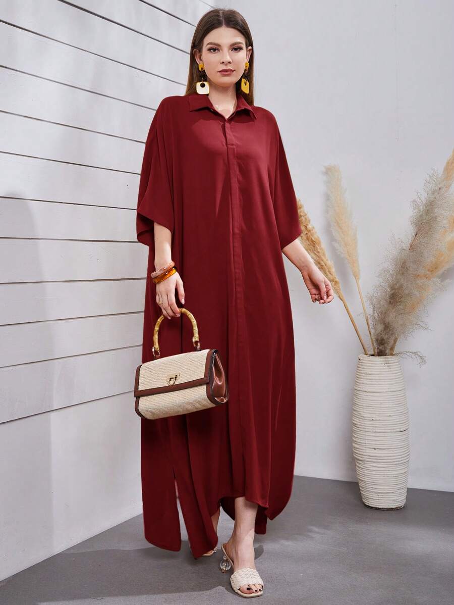 Seusyu Burgundy Red Batwing Sleeve Split Hem Kaftan