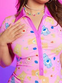 SHEIN X Care Bears Plus Bear & Letter Graphic Button Front Unitard Romper - Multicolor - View 6