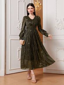 Modelyn V領燈籠袖亮片A字洋裝 - 銅色 - 查看 1