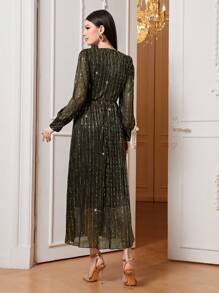 Modelyn V領燈籠袖亮片A字洋裝 - 銅色 - 查看 2